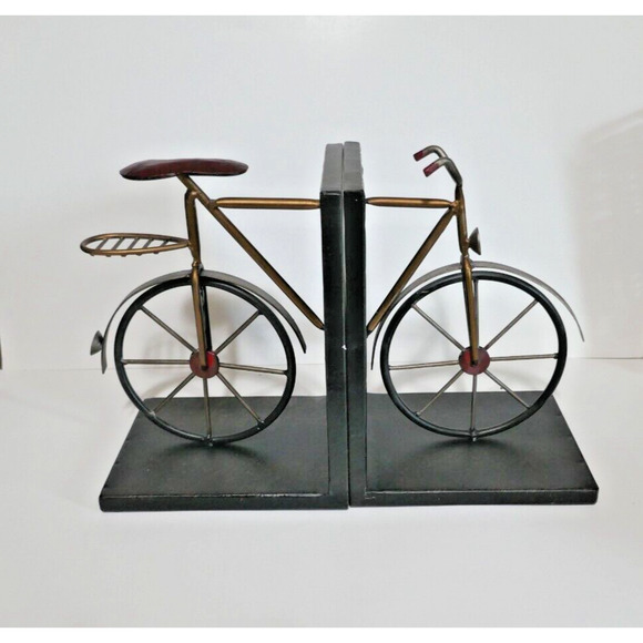 Vintage Style Bicycle Bookends Distressed Black & Gold Metal Base - Picture 1 of 6